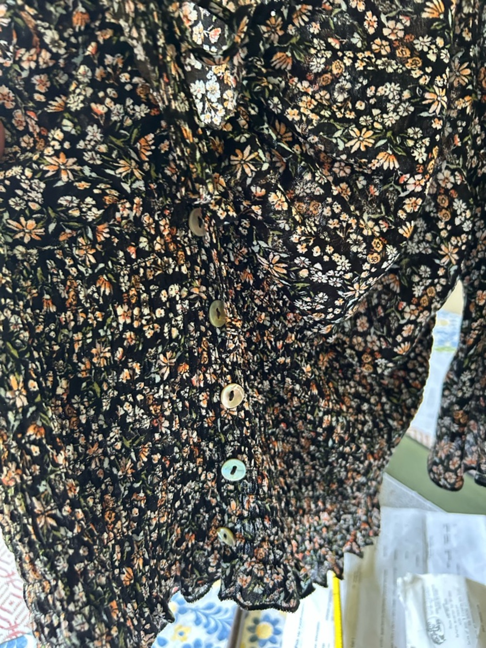Floral Peasant Blouse Women’s Large Black Boho Shirt